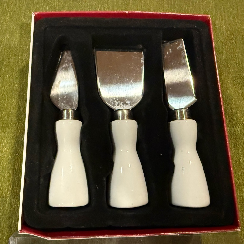 Stainless Steel Cheese Knife Set with White Handles